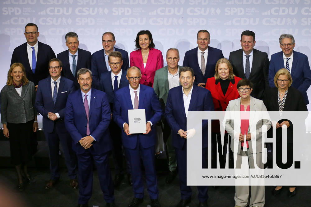 EUREF Campus Signing of the coalition agreement between CDU, CSU and SPD L R, in the back Jens Spahn, Thorsten Frei, Alexander Dobrindt, Dorothee Bär, Federal Minister of Defense Boris Pistorius SPD , Federal Minister of Labor and Social Affairs Huber