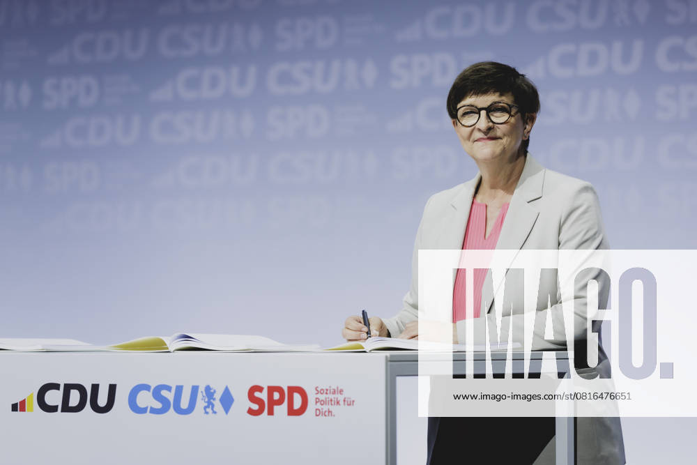 Saskia Esken, Federal Chairwoman of the SPD, pictured at the signing of the coalition agreement between the SPD, CDU and CSU in Berlin, 05 05 2025 A good six months after the break-up of the traffic light government, the new government is expected to be sworn in tomorrow Berlin Germany