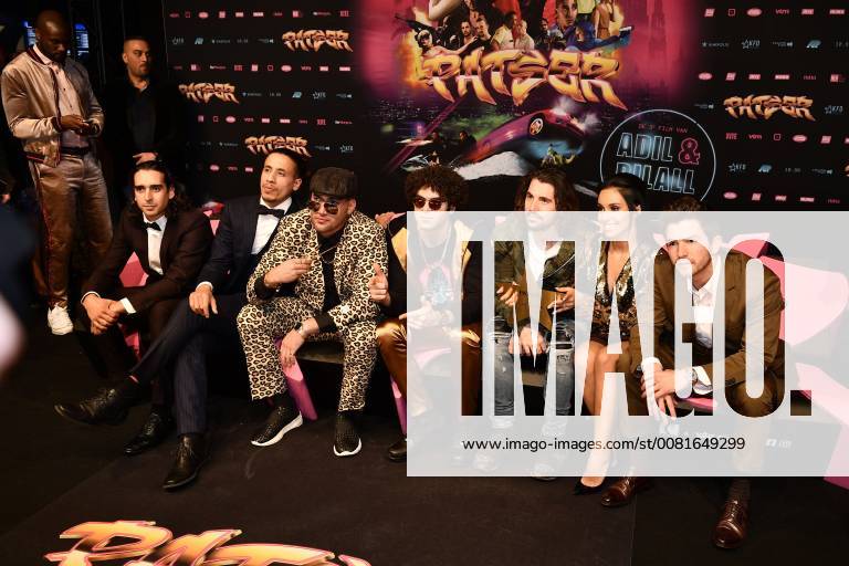 Actor Said Boumazoughe, actor Junes Lazaar, director Bilal Fallah, director Adil El Arbi, DJ Like Mike, actress Nora Gharib and actor Matteo Simoni pictured during the premiere of the Belgian film Patser, with the actors at the Kinepolis Antwerp, Monday 22 January 2018. YORICKxJANSENS 05281362