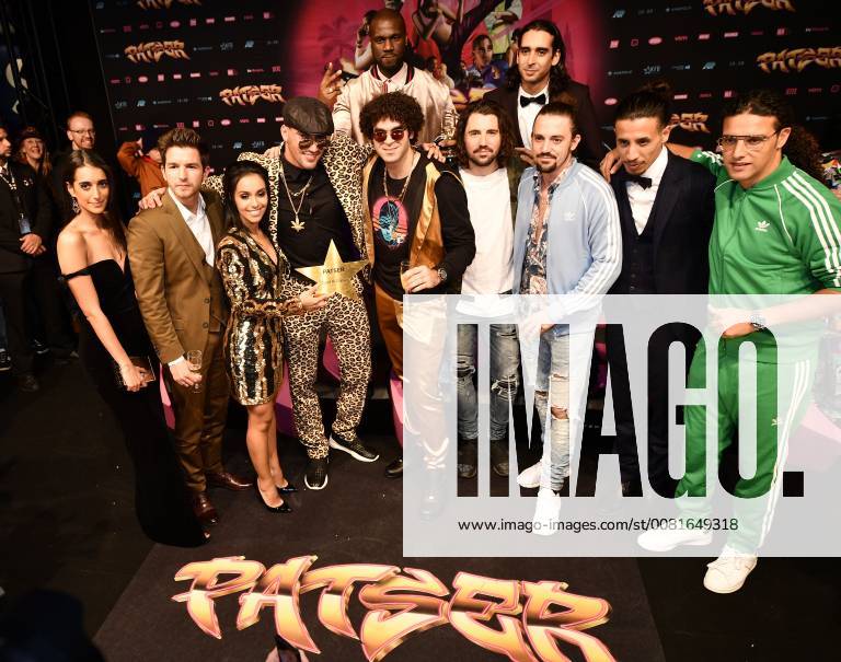 Actor Matteo Simoni, actress Nora Gharib, director Bilal Fallah, director Adil El Arbi, DJ Like Mike and DJ Dimitri Vegas, actor Junes Lazaar, actor Said Boumazoughe and Dutch rapper Ali B pictured during the premiere of the Belgian film Patser, with the actors at the Kinepolis Antwerp, Monday 22 January 2018. YORICKxJANSENS 05281360