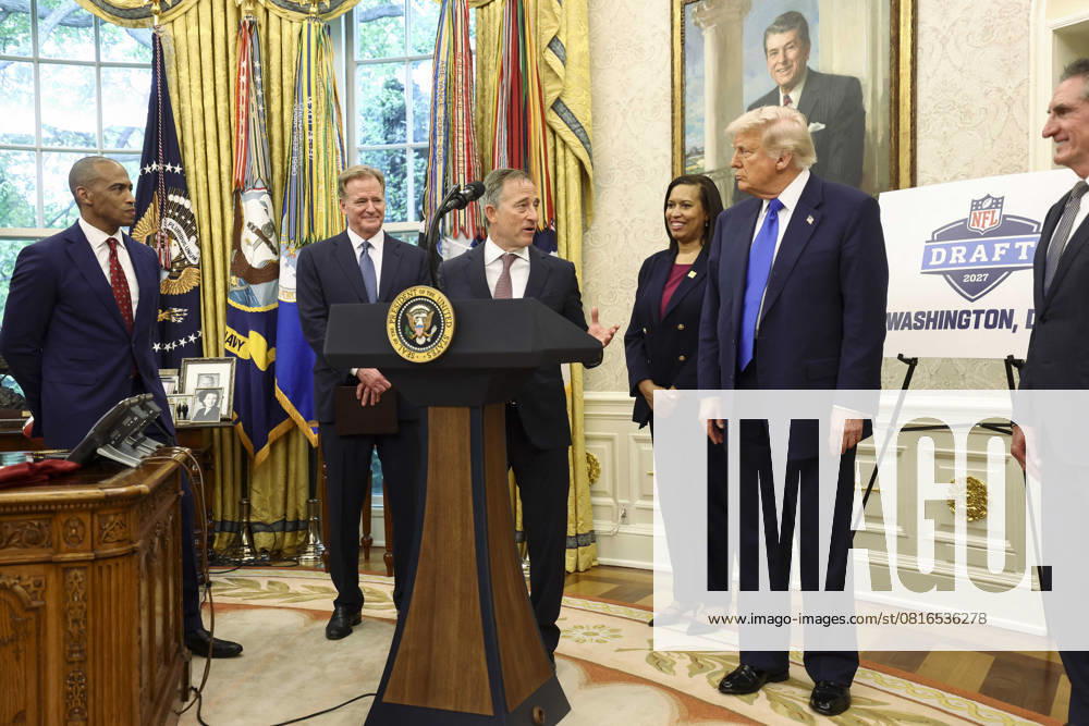 President Trump announced DC will host the 2027 NFL draft Washington Commanders football team owner Josh Harris (3-L) speaks while standing with US President Donald Trump (2-R), National Football League (NFL) Commissioner Roger Goodell (2-L), Washington DC Mayor Muriel Bowser (3-R) while announcing plans for Washington DC to host the 2027 NFL draft during an event in the Oval Office of the White House in Washington, DC USA, 05 May 2025. The move comes after the Washington Commanders announced they planned to return to DC in a new stadium built on the site of their old one. WASHINGTON DC United States