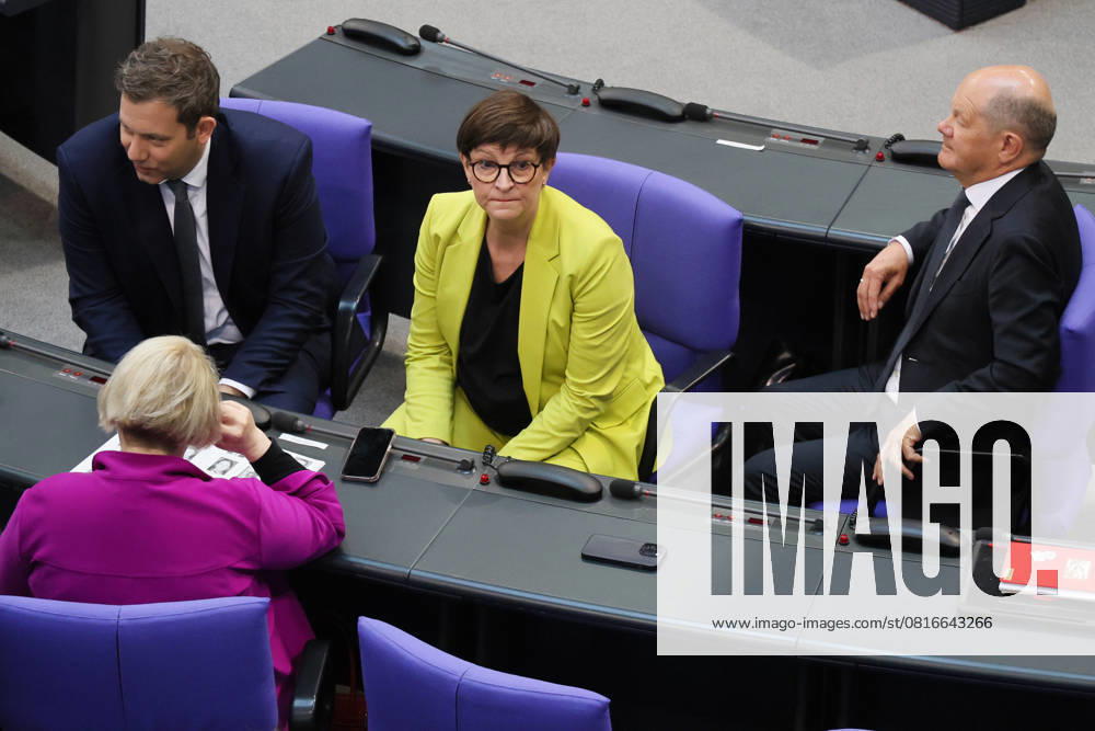 Lars Klingbeil, Saskia Esken and Olaf Sccholz SPD during the vote for the new Federal Chancellor in Berlin on May 6, 2025 Election of the Federal Chancellor