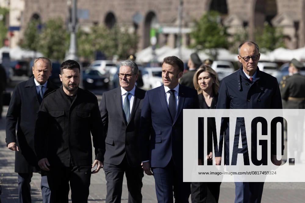 Prime Minister Keir Starmer visits Ukraine 10 05 2025. Kyiv, Ukraine. Prime Minister Keir Starmer, Emmanuel Macron, French President, and Friedrich Merz, German Chancellor and Poland Prime Minister Donald Tusk and Volodymyr Zelenskyy, President of Ukraine attend a candle ceremony at Maidan Square during a visit to Ukraine., Credit:Simon Dawson Avalon Ukraine, Kyiv