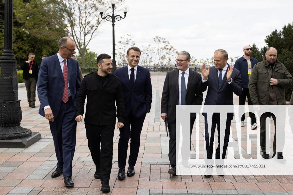 Prime Minister Keir Starmer visits Ukraine 10 05 2025. Kyiv, Ukraine. Prime Minister Keir Starmer, Emmanuel Macron, French President, and Friedrich Merz, German Chancellor Poland Prime Minister Donald Tusk meets with Volodymyr Zelenskyy, President of Ukraine during a visit to Ukraine., Credit:Simon Dawson Avalon Ukraine, Kyiv