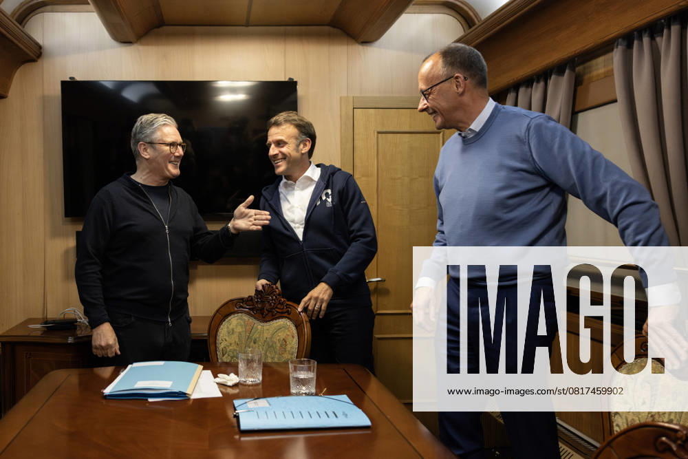 Prime Minister Keir Starmer visits Ukraine 10 05 2025. Kyiv, Ukraine. Prime Minister Keir Starmer, Emmanuel Macron, French President, and Friedrich Merz, German Chancellor meet for a trilateral as they travel on the train to meet Volodymyr Zelenskyy, President of Ukraine during a visit to Ukraine., Credit:Simon Dawson Avalon Ukraine, Kyiv