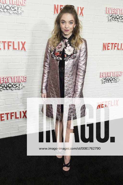 USA: Netflix Everything Sucks premiere Sydney Sweeney wearing coat by Jean Baptiste attends Netflix premiere Everything Sucks! season 1 at AMC 34th street New York New York United States AMC 34th Street LevxRadin