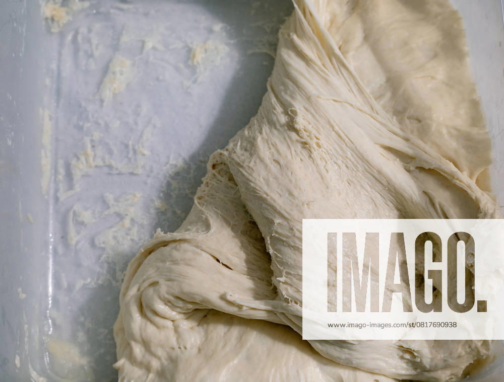 Frischer Hefeteig Nahaufnahme Fresh yeast dough close up. Homemade bread preparation process. Raw bread dough texture elastic structure of rising dough. (License=RF)