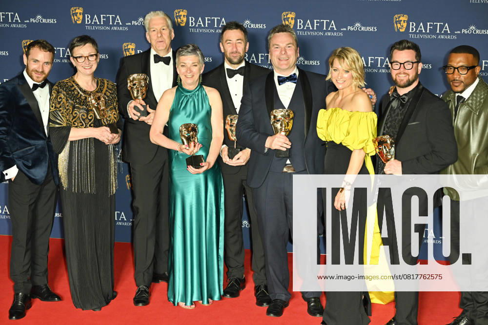 BAFTA TV Awards, Winners, London, UK, 11 May 2025. London, UK, 11 May 2025. Martin McCann, Louise Gallagher, Stephen Wright, Amanda Black, Adam Patterson, Declan Lawn, Sian Brooke and Jack Casey pose with the Drama Series Award for Blue Lights on the Winners Carpet at the BAFTA Television Awards with P&O Cruises at the Royal Festival Hall, London, UK., Credit:Lee Floyd Avalon UK, London, Royal Festival Hall