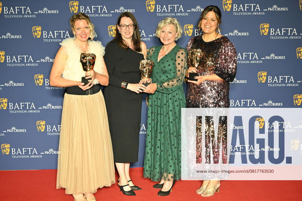 BAFTA TV Awards, Winners, London, UK, 11 May 2025. London, UK, 11 May 2025. Elle While, Vanessa Amberleigh and Anna Perowne with a member of the cast and crew poses with the Scripted Award for CBeebies As You Like It at Shakespeare s Globe on the Winners Carpet at the BAFTA Television Awards with P&O Cruises at the Royal Festival Hall, London, UK., Credit:Lee Floyd Avalon UK, London, Royal Festival Hall