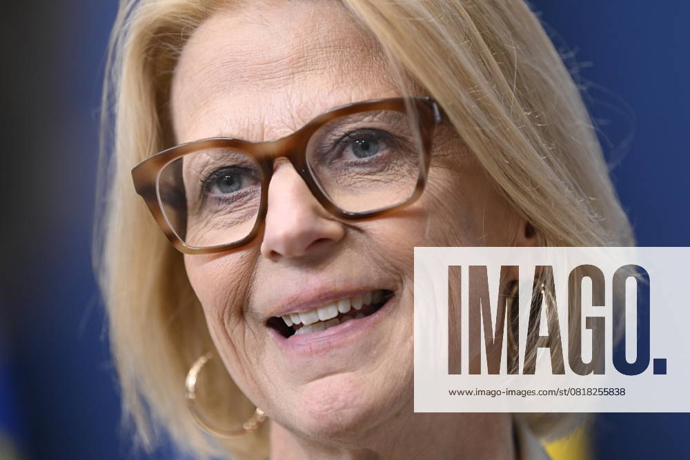 STOCKHOLM, SWEDEN 20250514 Elisabeth Svantesson M , Minister of Finance, during a press briefing on the uncertain economic situation The Minister of Finance presents the Ministry of Finances updated forecast for unemployment STOCKHOLM SWEDEN