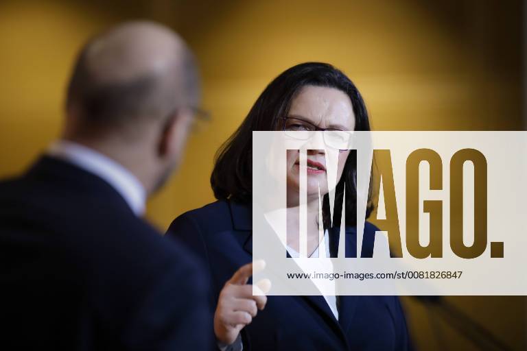 Martin Schulz, SPD of Party Chairman and Andrea Nahles SPD parliamentary group Chairman give a press conference in the Willy Brandt House 07 02 2018 Berlin Berlin Germany
