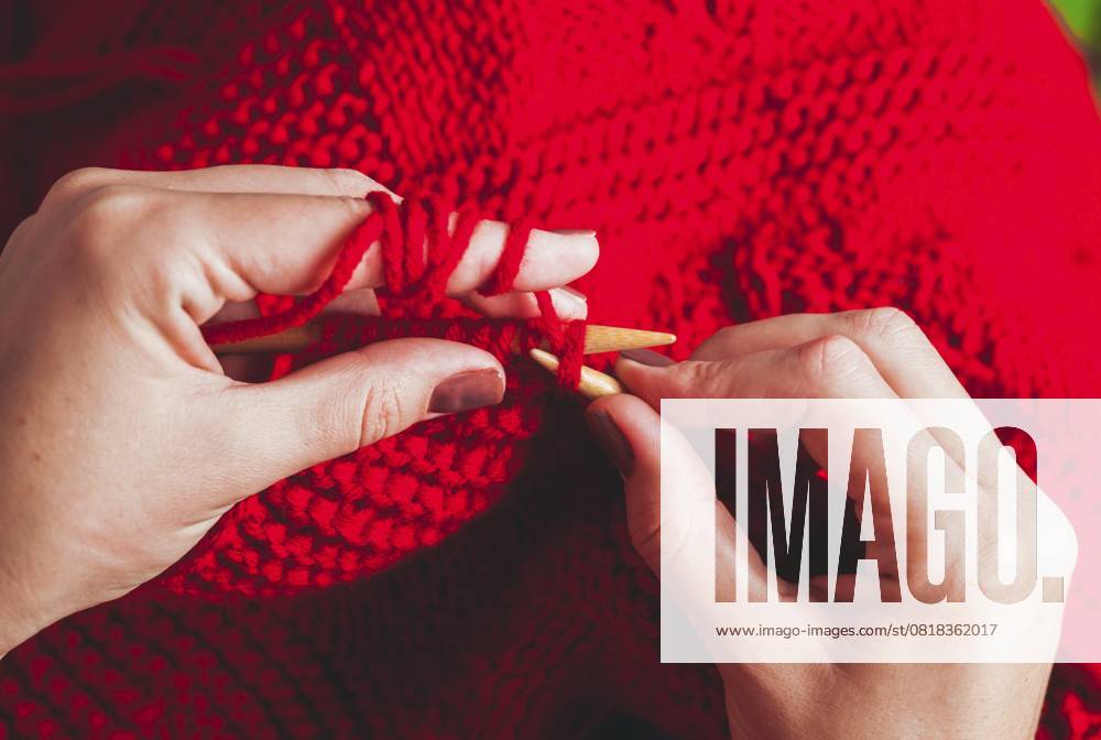 Die Hände, die Nadeln halten und eine rote warme Jacke stricken The hands that hold needles and knitting a red warm jacket