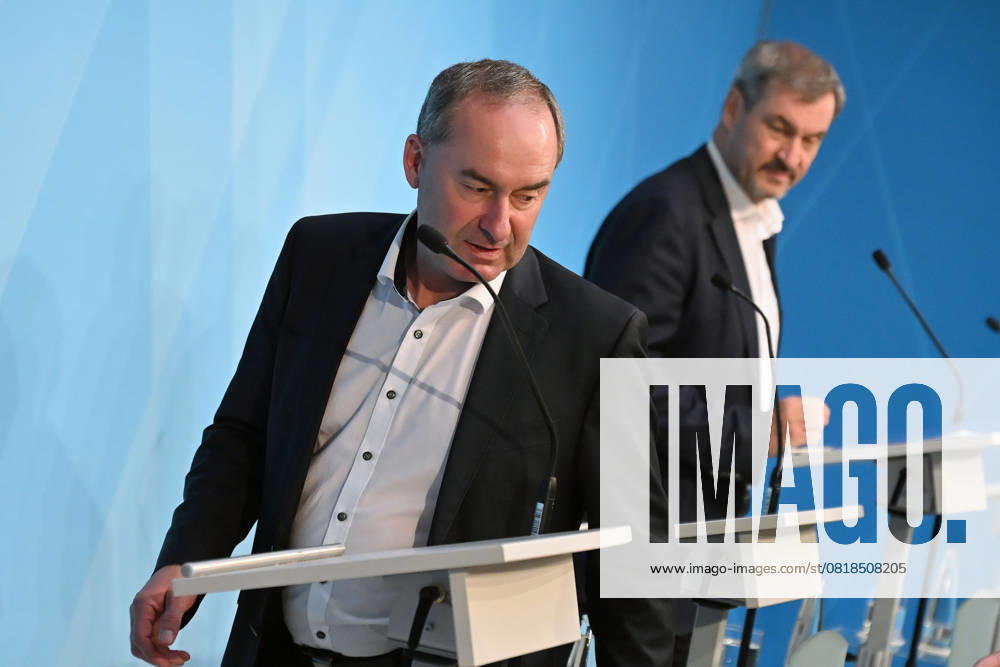 From left Hubert AIWANGER Free Voters, Bavarian Minister of Economic Affairs, Markus SOEDER State Premier of Bavaria and CSU Chairman, press conference after the Defense and Rust Summit on 15 May 2025 at Prinz Carl Palais in Munich