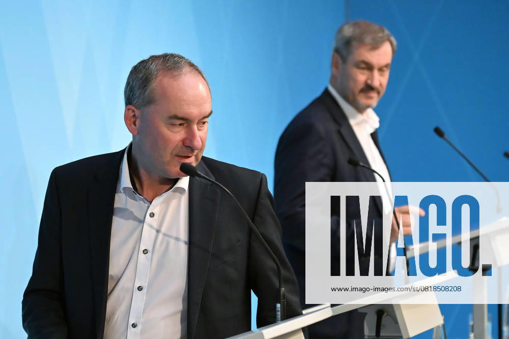 From left Hubert AIWANGER Free Voters, Bavarian Minister of Economic Affairs, Markus SOEDER State Premier of Bavaria and CSU Chairman, press conference after the Defense and Rust Summit on 15 May 2025 at Prinz Carl Palais in Munich