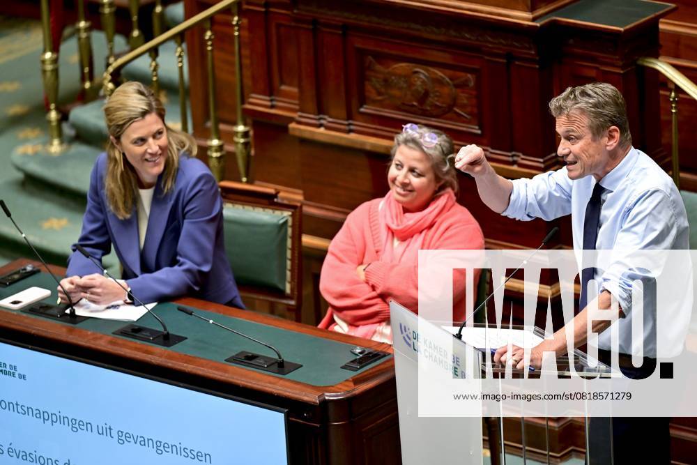 Minister of Justice Annelies Verlinden and Open VLD s Paul Van Tigchelt pictured during a plenary session of the Chamber at the federal parliament, in Brussels, Thursday 15 May 2025. DIRKxWAEM 123708553