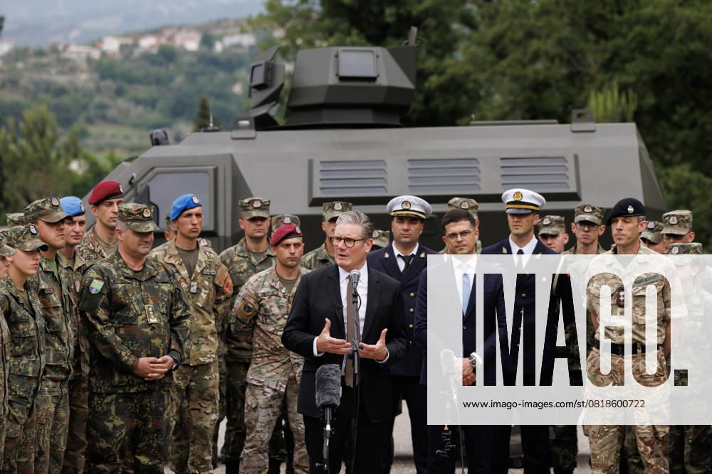 Prime Minister Keir Starmer visits UK and Albanian troops 14 05 2025. Tirana, Albania. Prime Minister Keir Starmer meets members of the armed forces from the United Kingdom and Albania at the Berzhite Innovation Centre., Credit:Simon Dawson Avalon Albania, Tirana