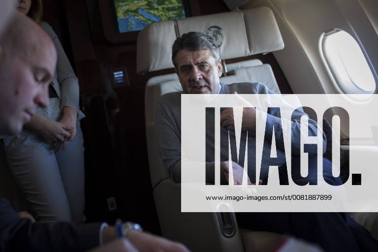 Sigmar Gabriel SPD Foreign Minister taken during a background interview with journalists on the flight to Belgrade 14 02 2018 Beograd Serbia