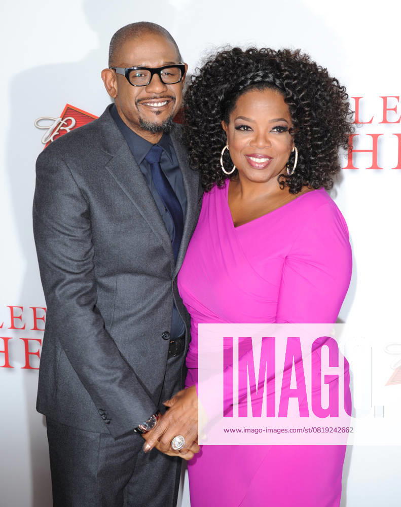 Lee Daniels The Butler Los Angeles Premiere Forest Whitaker & Oprah Winfrey Lee Daniels The Butler Los Angeles Premiere held at Regal Cinemas L.A. Live, Los Angeles, California, USA. August 12th, 2013 half length pink dress holding hands grey gray suit jacket blue shirt glasses goatee facial hair CAP DVS DVS Los Angeles California United States