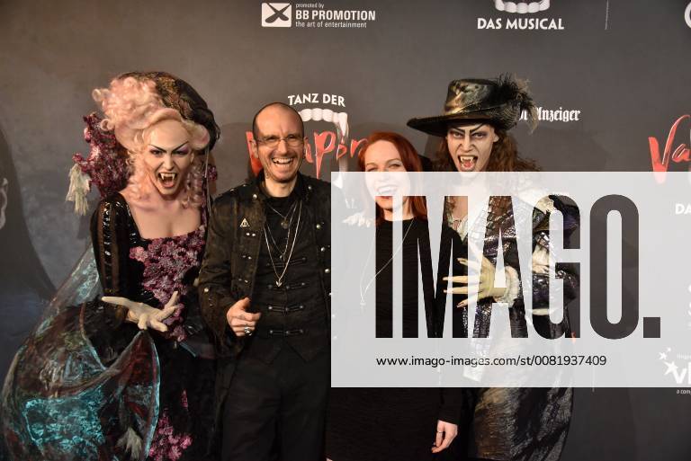 Forensiker Mark Benecke his wife Ines Fischer and the actors in costume Elise Doorn l and Albert Jan Kinemar r come on 17 02 2018 in Cologne for the premiere of the musical dance of the vampires in the musical dome