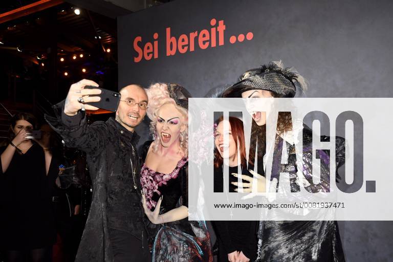 Forensiker Mark Benecke his wife Ines Fischer and the actors in costume Elise Doorn l and Albert Jan Kinemar r come on 17 02 2018 in Cologne for the premiere of the musical dance of the vampires in the musical dome