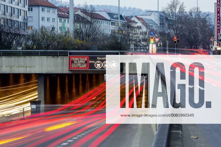 Germany Stuttgart 19 02 2018 fine dust alarm in Stuttgart are motorists encouraged to voluntarily on public transport to get to also to comfort fireplaces omitted information plate on inner-city Federal Highway B-14 Â