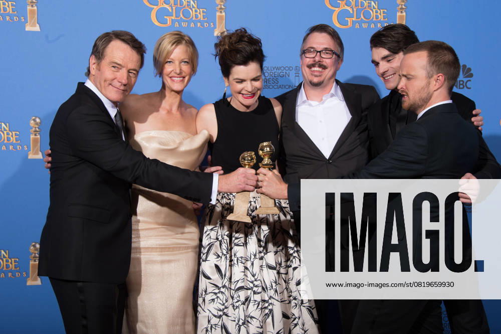 Golden Globes For BEST TELEVISION SERIES DRAMA, the Golden Globe is awarded to BREAKING BAD (AMC), produced by Sony Pictures Television. Bryan Cranston, Anna Gunn, Betsy Brandt, Vince Gilligan, RJ Mitte and Aaron Paul pose with the award backstage in the press room at the 71st Annual Golden Globe Awards at the Beverly Hilton in Beverly Hills, CA on Sunday, January 12, 2014. CAP HFPA HFPA BEVERLY HILLS CA USA
