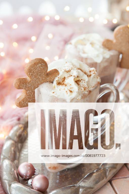 Hot cream chocolate with cream and colourful decoration for Christmas chocolate with whipped hot 1079704636