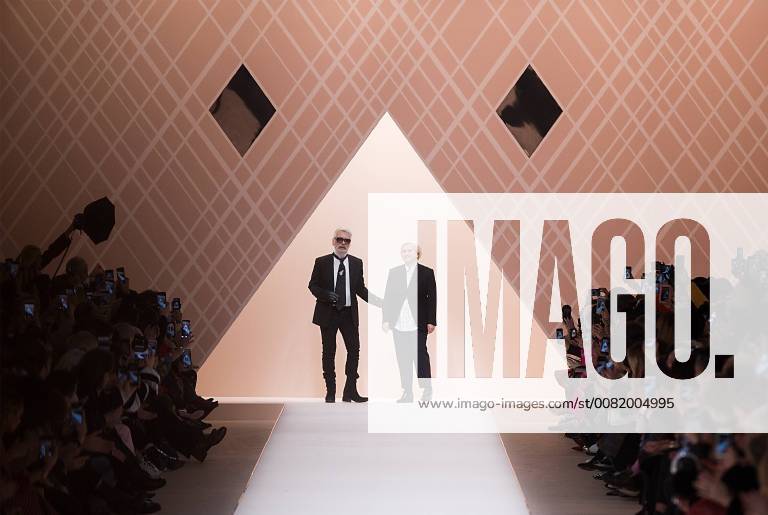 (180223) -- MILAN, Feb. 23, 2018 -- Designers Karl Lagerfeld (L) and Silvia Venturini Fendi greet the audience at the end of the show for Fendi Autumn Winter 18 19 women collection during Milan Fashion Week in Milan, Italy, Feb. 22, 2018. Milan fashion week kicked off Tuesday, and will last until Feb. 26.)(gj) ITALY-MILAN-FASHION-FENDI JinxYu