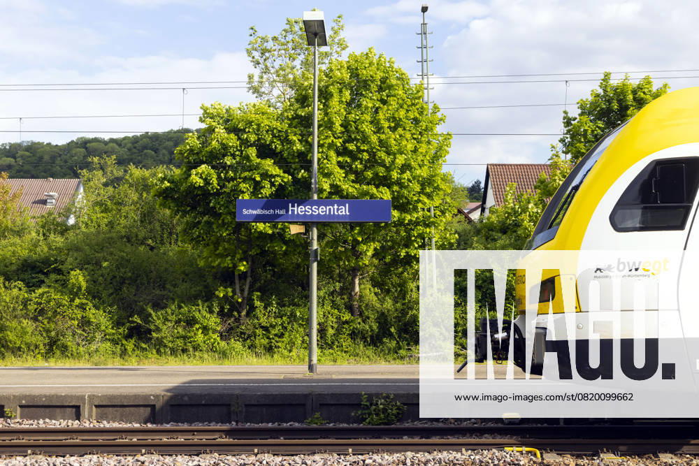 Schwäbisch Hall Hessental station with station sign and regional train 17 05 2025 Schwäbisch Hall, Baden Württemberg, Germany, Europe