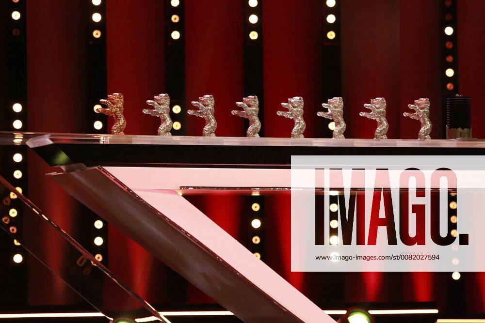 Awards of the Bärenverleihung on a table before the award on stage at the closing ceremony of the Berlinale on 24 02 2018 in Berlin in the Berlinale Palast Awards of the Bärenverleihung on a table before the award on stage at the closing ceremony of the 68 Berlinale on 24 02 2018 in Berlin in the Berlinale Palast