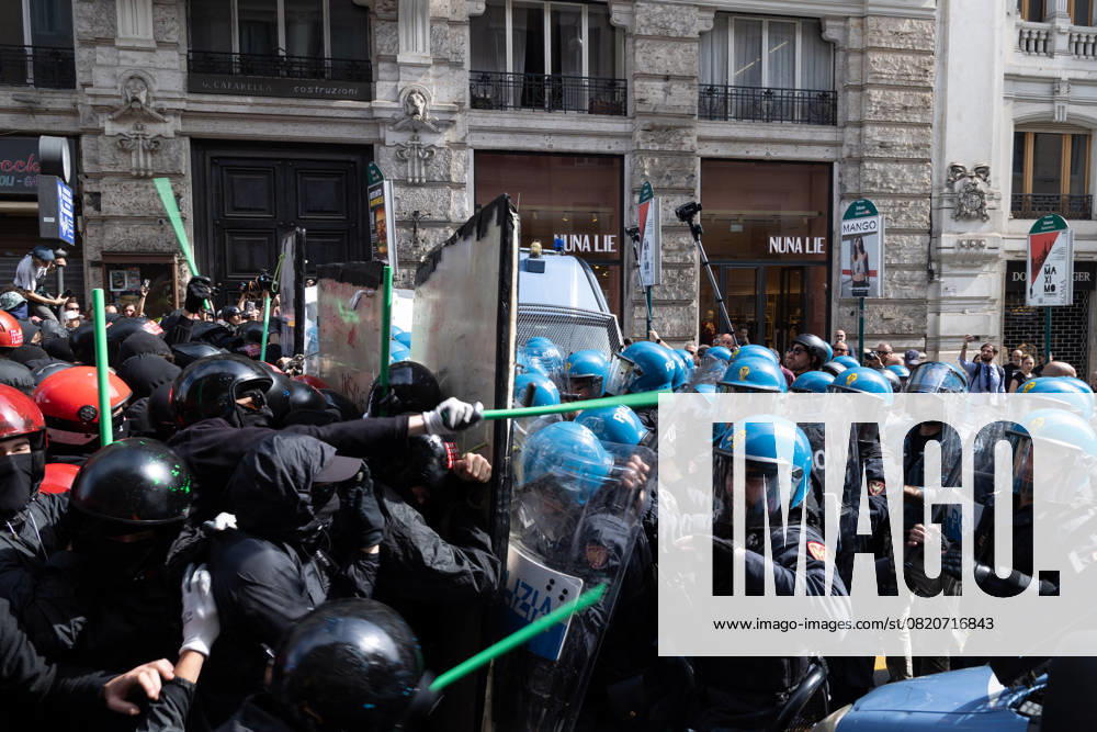 Clashes between Police and Protesters during the demonstration in Piazza Barberini in Rome against the Security Decree Law
