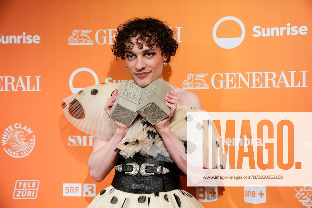 Zurich, Switzerland, May 28th 2025: Musician Nemo poses with two trophies after winning during the Swiss Music Awards 2025 at Hallenstadion in Zurich, Switzerland. (Daniela Porcelli SPP)