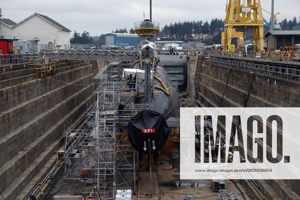 HMCS Corner Brook, a Victoria-class submarine, sits in drydock at CFB Esquimalt in Esquimalt B.C., on Monday, December 18, 2023. Esquimalt Canada - ZUMAc35_ 20231218_zaf_c35_082