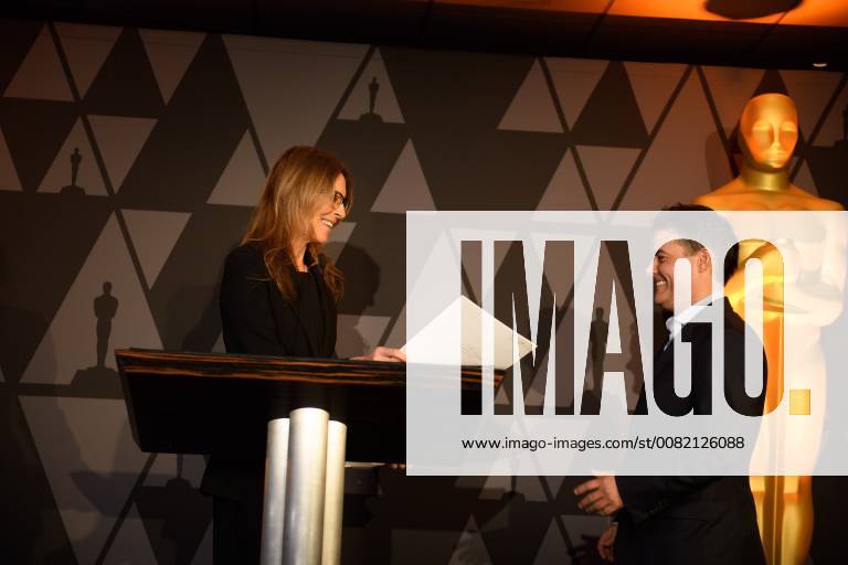 Beverly Hills, California, U.S. - Kathryn Bigelow presents the certificate of nomination to Sebastian Lelio, director of the Oscar nominated foreign film A Fantastic Woman (Chile), at the reception for the Foreign Language Film Award category for the 90th Oscars on Friday. Beverly Hills U.S. - ZUMAz03_ 20180302_shf_z03_219