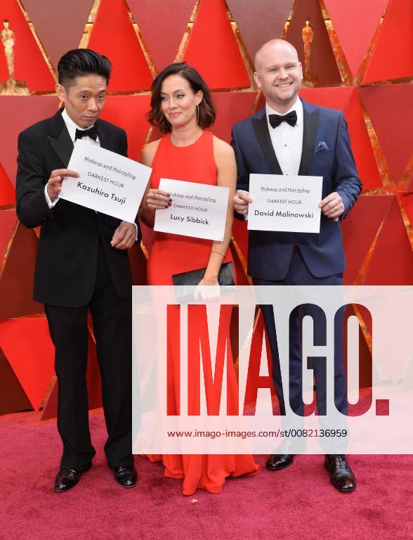 Make-Up and Hairstyling artists Kazuhiro Tsuji, Lucy Sibbick and David Malinowski arrive on the red carpet for the 90th annual Academy Awards at the Dolby Theatre in the Hollywood section of Los Angeles on March 4, 2018. LAP20180304317 JIMxRUYMEN