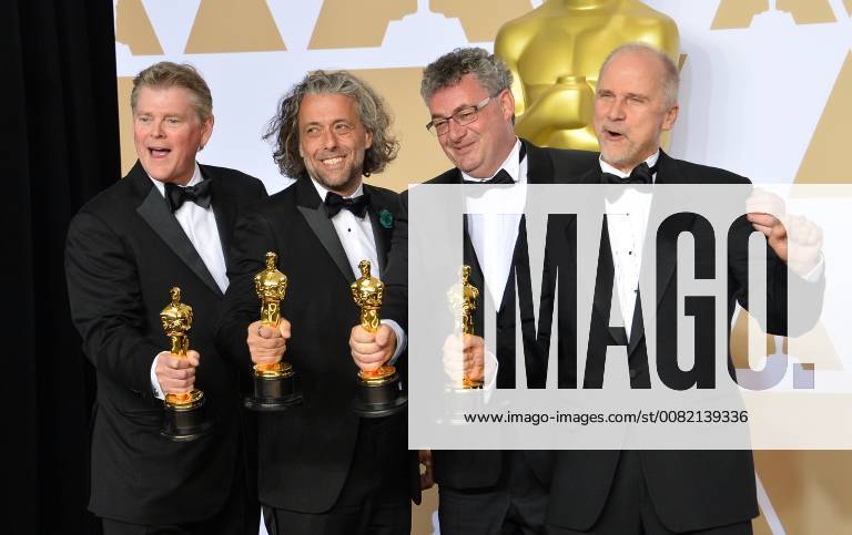 (L-R) Visual effects artists Richard R. Hoover, Paul Lambert, Gerd Nefzer, and John Nelson, winners of the award for Best Visual Effects award for Blade Runner 2049, appear backstage with their Oscars during the 90th annual Academy Awards at Loews Hollywood Hotel in the Hollywood section of Los Angeles on March 4, 2018. LAP201803041021 JIMxRUYMEN