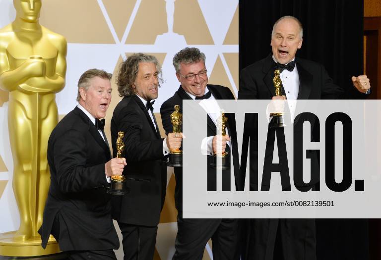 (L-R) Visual effects artists Richard R. Hoover, Paul Lambert, Gerd Nefzer, and John Nelson, winners of the award for Best Visual Effects award for Blade Runner 2049, appear backstage with their Oscars during the 90th annual Academy Awards at Loews Hollywood Hotel in the Hollywood section of Los Angeles on March 4, 2018. LAP201803041025 JIMxRUYMEN