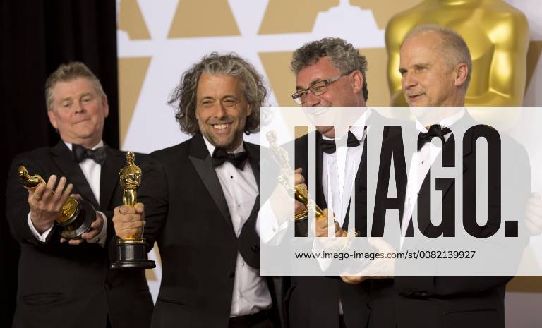 (L-R) Visual effects artists Richard R. Hoover, Paul Lambert, Gerd Nefzer and John Nelson, winners of the Best Visual Effects award for Blade Runner 2049 , pose in the press room during the 90th annual Academy Awards ceremony at the Dolby Theatre in Hollywood, California, on 4 March 2018. The Oscars are presented for outstanding individual or collective efforts in 24 categories in filmmaking. 90th annual Academy Awards ceremony !ACHTUNG: NUR REDAKTIONELLE NUTZUNG!