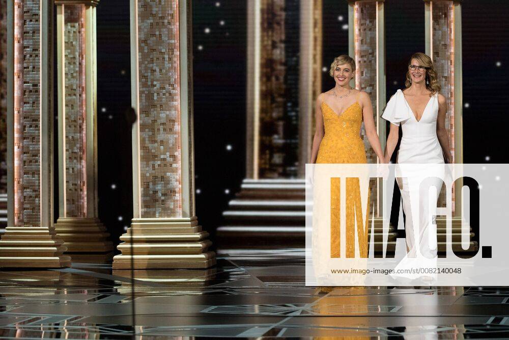 Greta Gerwig and Laura Dern present the Oscar for best documentary feature during the live ABC Telecast of The 90th Oscars® at the Dolby® Theatre in Hollywood, CA on Sunday