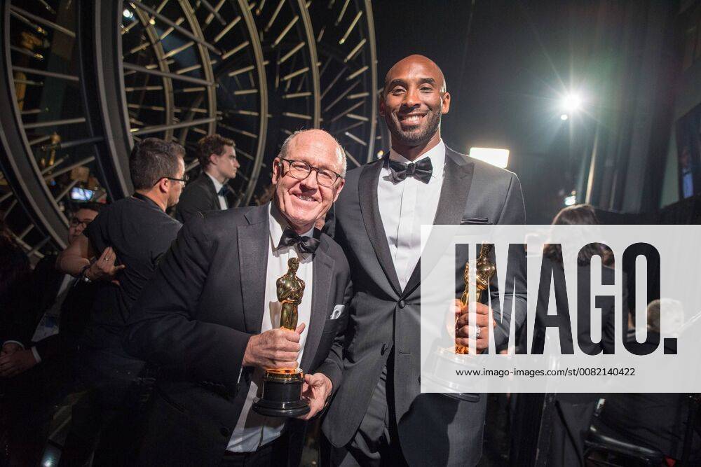 Glen Keane and Kobe Bryant pose backstage with the Oscar for best animated short film, for work on Dear Basketball during the live ABC Telecast of The 90th OscarsÂ® at the DolbyÂ® Theatre in Hollywood, CA on Sunday