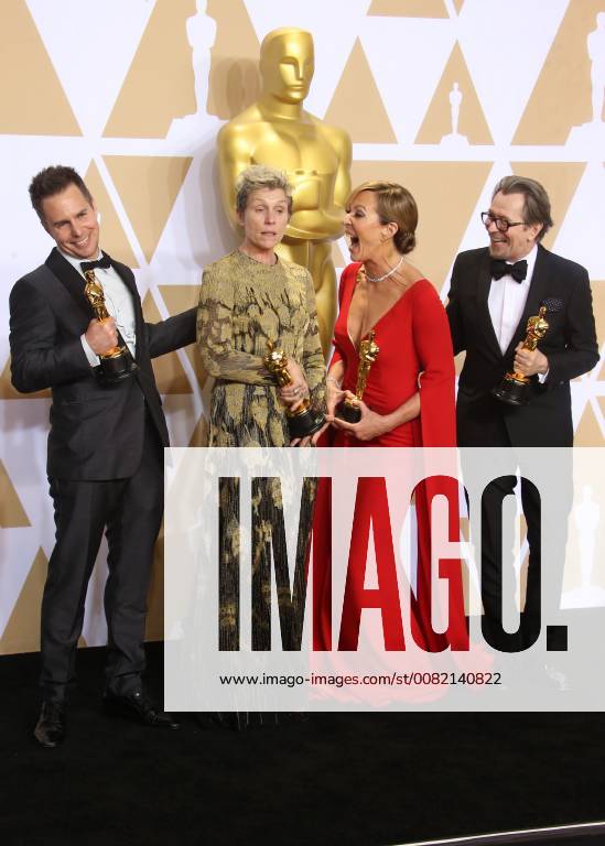 LOS ANGELES, CA - MARCH 4: Sam Rockwell, Frances McDormand, Allison Janney and Gary Oldman in the press room at the 90th Academy Awards at the Dolby Theatre in Los Angeles, California on March 4, 2018.