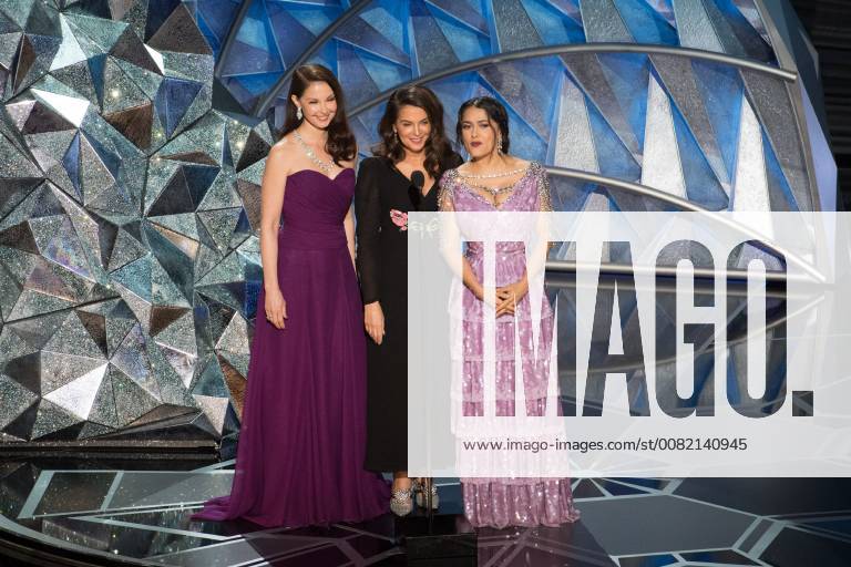 Ashley Judd, Annabella Sciorra and Salma Hayek Pinault present onstage during the live ABC Telecast of The 90th Oscars® at the Dolby® Theatre in Hollywood, CA on Sunday