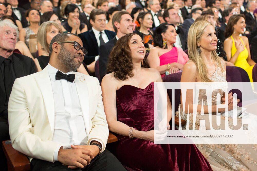 Oscar winner Jordan Peele with Chelsea Peretti and Mira Sorvino during the live ABC Telecast of The 90th OscarsÂ® at the DolbyÂ® Theatre in Hollywood, CA on Sunday