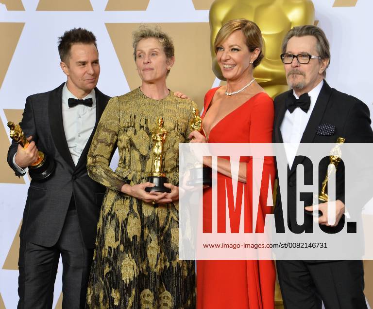 (L-R) Actors Sam Rockwell, winner of the Best Supporting Actor award for Three Billboards Outside Ebbing, Missouri , Frances McDormand, winner of the Best Actress award for Three Billboards Outside Ebbing, Missouri , Allison Janney, winner of the Best Supporting Actress award for I, Tonya and Gary Oldman, winner of the Best Actor award for Darkest Hour appear backstage with their Oscars during the 90th annual Academy Awards at Loews Hollywood Hotel in the Hollywood section of Los Angeles on March 4, 2018. LAP201803041531 JIMxRUYMEN