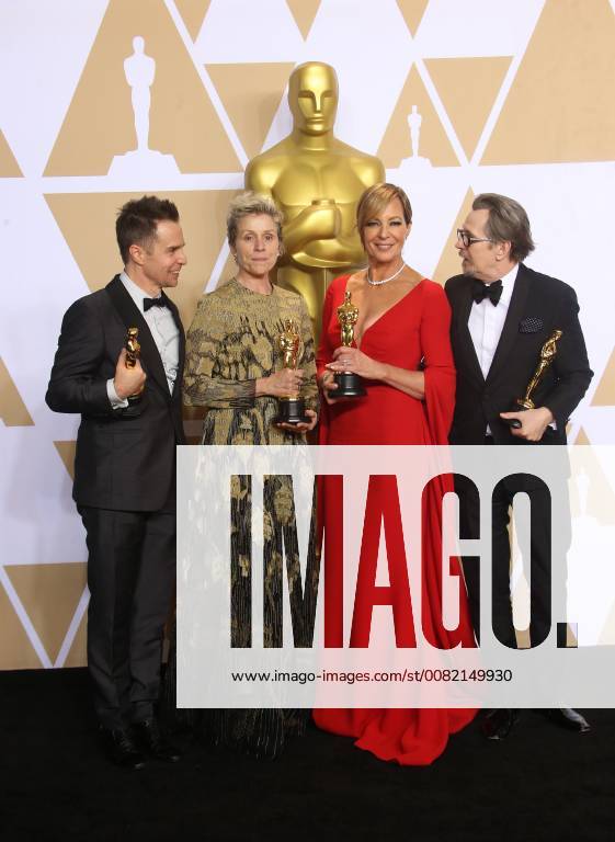HOLLYWOOD, CA - MARCH 4: Sam Rockwell, Frances McDormand, Allison Janney, Gary Oldman, in the press room at the 90th Academy Awards at the Dolby Theatre in Hollywood, California on March 4, 2018.