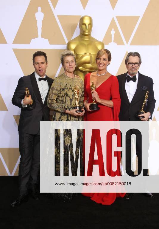 HOLLYWOOD, CA - MARCH 4: Sam Rockwell, Frances McDormand, Allison Janney, Gary Oldman, in the press room at the 90th Academy Awards at the Dolby Theatre in Hollywood, California on March 4, 2018.