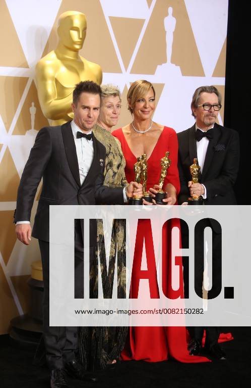 HOLLYWOOD, CA - MARCH 4: Sam Rockwell, Frances McDormand, Allison Janney, Gary Oldman, in the press room at the 90th Academy Awards at the Dolby Theatre in Hollywood, California on March 4, 2018.