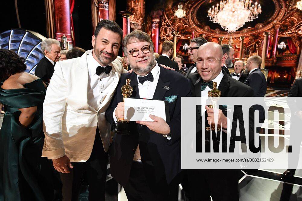 OscarsÂ® Host, Jimmy Kimmel and Oscar winners for Best Picture, Guillermo del Toro and J. Miles Dale at the 90th OscarsÂ® at the DolbyÂ® Theatre in Hollywood, CA on Sunday