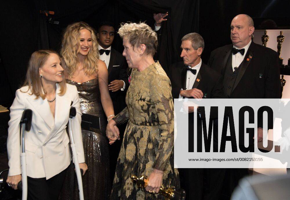 Jodi Foster and Jennifer Lawrence talk with Frances McDormand backstage after presenting McDormand with the Oscar for performance by an actress in a leading role for her work on Three Billboards Outside Ebbing, Missouri during the live ABC Telecast of The 90th Oscars® at the Dolby® Theatre in Hollywood, CA on Sunday