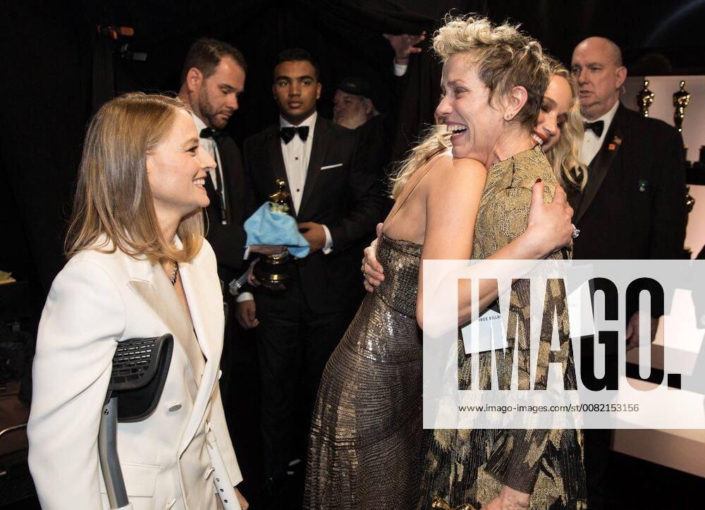 Jodi Foster and Jennifer Lawrence congratulate Frances McDormand backstage after presenting McDormand with the Oscar for performance by an actress in a leading role for her work on Three Billboards Outside Ebbing, Missouri during the live ABC Telecast of The 90th Oscars® at the Dolby® Theatre in Hollywood, CA on Sunday